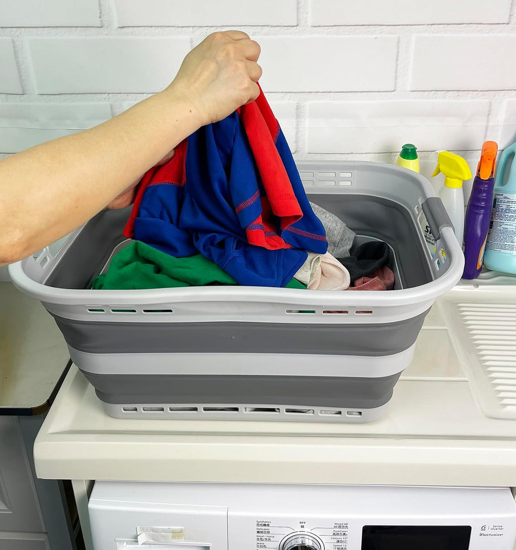 SAMMART 42L (11 Gallon) Collapsible Plastic Storage Basket - Foldable Pop Up Storage Container/Hamper - Portable Laundry Organizer - Space Saving (Grey, 42L (Style A))