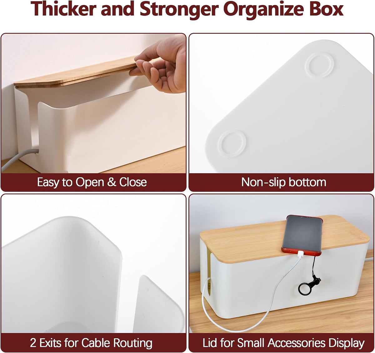 Cable Management Box,2 Pack Wooden Style Large Cable Organizer Box for Office and Home,Cable Organizer Box with Proof Lock for Baby-Pets,Wood Lid（White,2 Pack