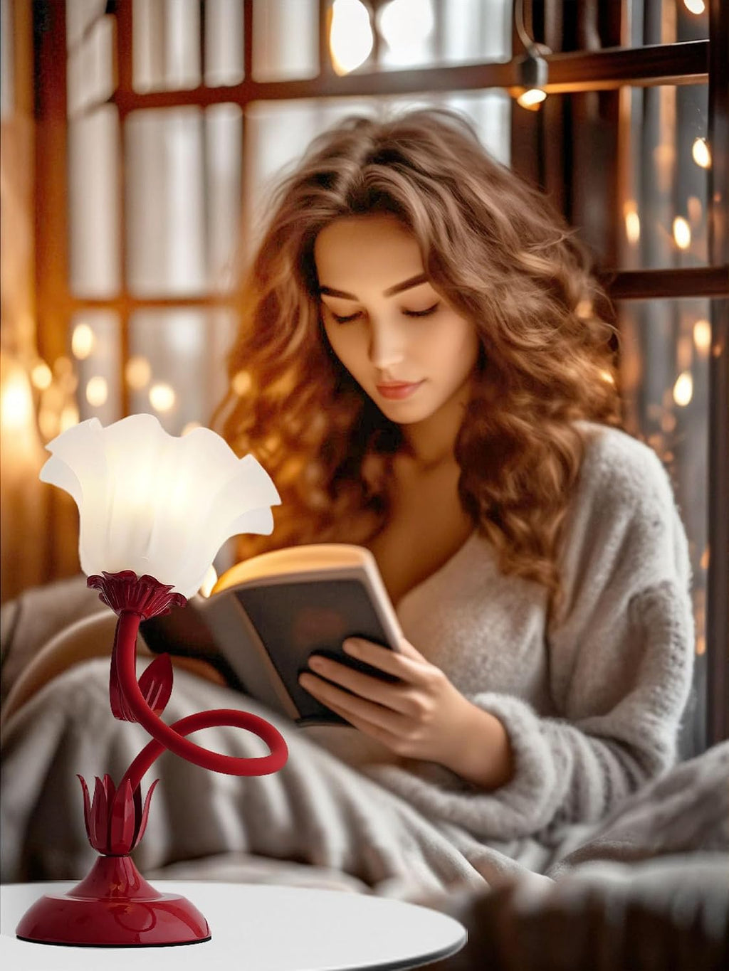 Flower Table Lamp, LED Reading Light Bedside Vintage Night Light (Red)
