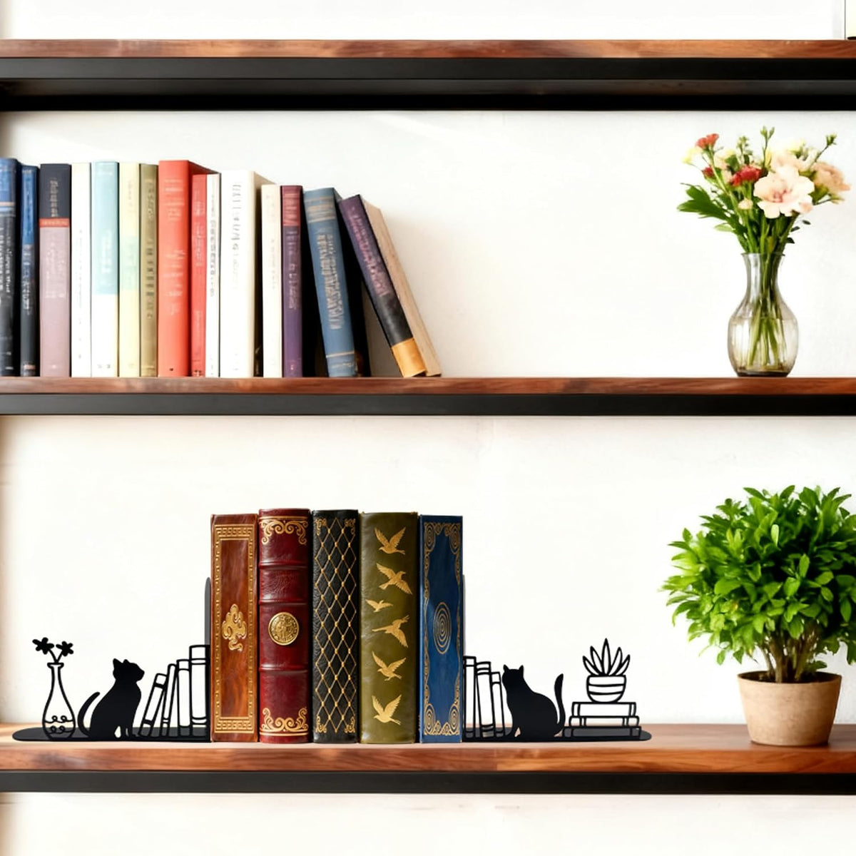 Cat Bookends – Metal Decorative Black Cat Book Ends for Home, Office, Kids, Bookshelf Accessories, Cute Desk Book Stopper