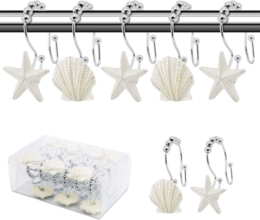 BEAVO Seashell Shower Curtain Hooks,12 Pcs Double Roller Glide Rust-Resistant Stainless Steel Decorative Shower Curtain Rings for Bathroom, Baby Room, Bedroom, Living Room Decor (White)