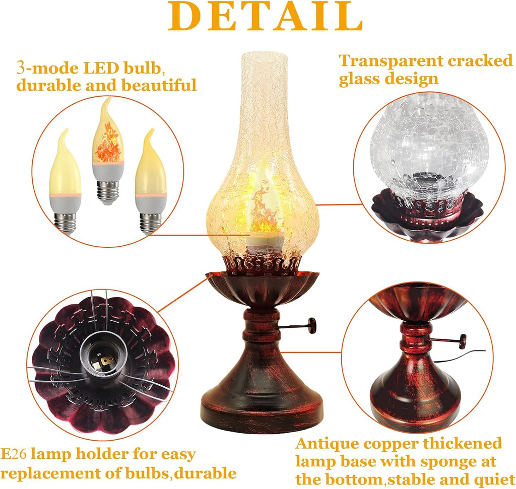 Vintage Table Lamp - 3 Modes Dimmable Retro Rustic Desk Lamp with Crackle Glass Shade, Antique Victorian Style, E26 Bulb Included, Ideal for Bedroom, Living Room, Home Decor (Transparent Glass)