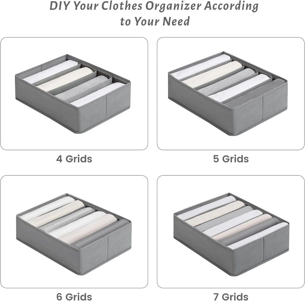 4 Packs Adjustable T-shirt Drawer Organizers for Clothing with 6 Adjustable Dividers, 7 Grids Wardrobe Storage Box, DIY Clothes Organizer for Folded Clothes, T-shirt, Legging