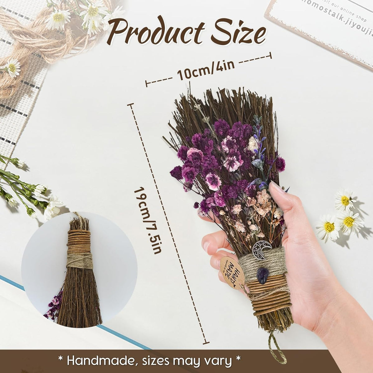 Cinnamon Broom 7.5 Inch Witch Broom for Altar Witchy Gift (Purple)