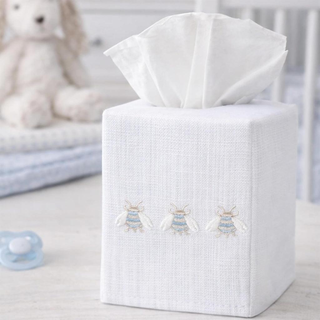 Jacaranda Living Square Tissue Box Cover, Linen/Cotton Fabric Tissue Holder, Decorative Cloth Tissue Cube Cover, Embroidered Bee Designs, Three Napoleon Bees (Duck Egg Blue)