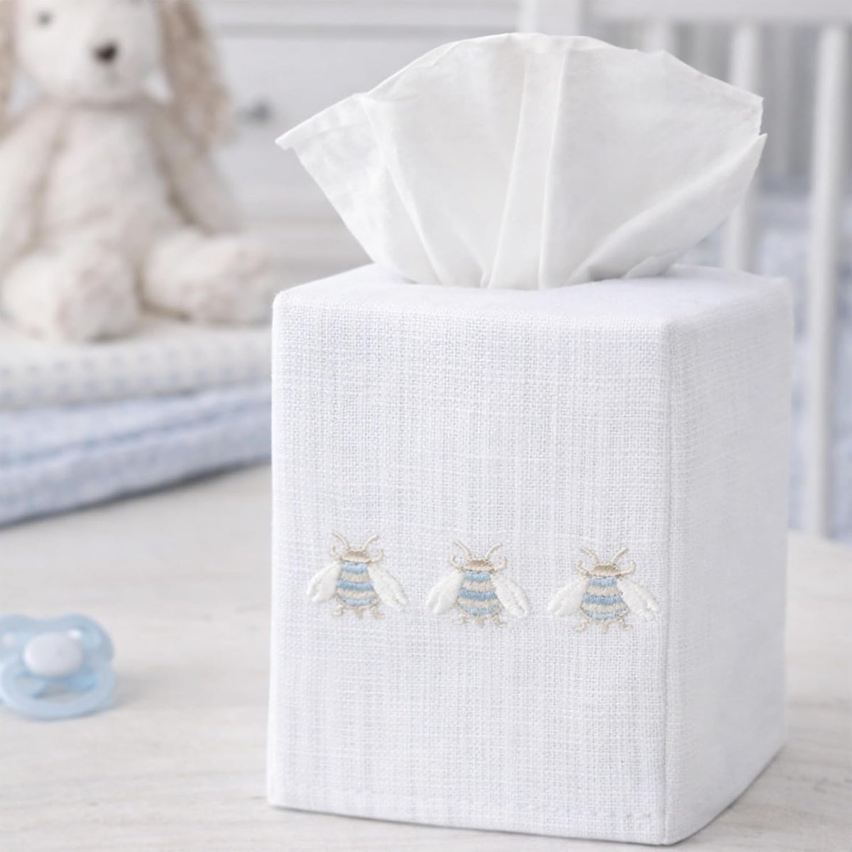 Jacaranda Living Square Tissue Box Cover, Linen/Cotton Fabric Tissue Holder, Decorative Cloth Tissue Cube Cover, Embroidered Bee Designs, Three Napoleon Bees (Duck Egg Blue)