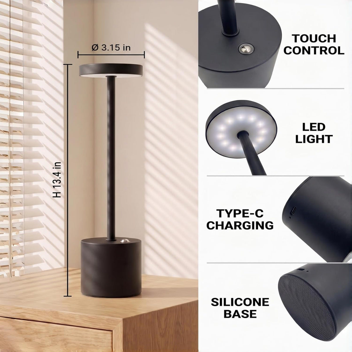 Cordless Table Lamp Set of 2, Black Rechargeable Table Light