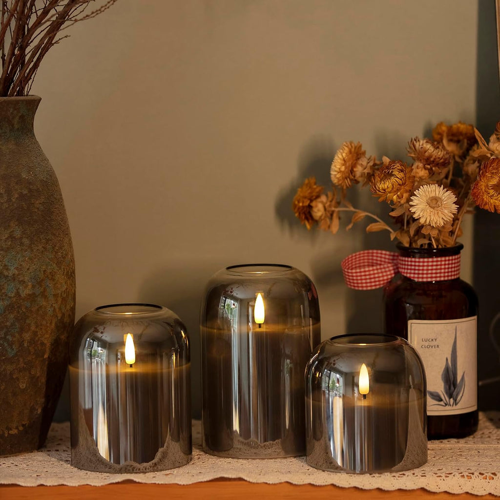 volnyus Grey Glass Flameless Candles with Remote Set of 3 Battery Operated Flickering LED Pillar Candles Real Wax Wick Φ 4" H 4" 5" 6", Gray