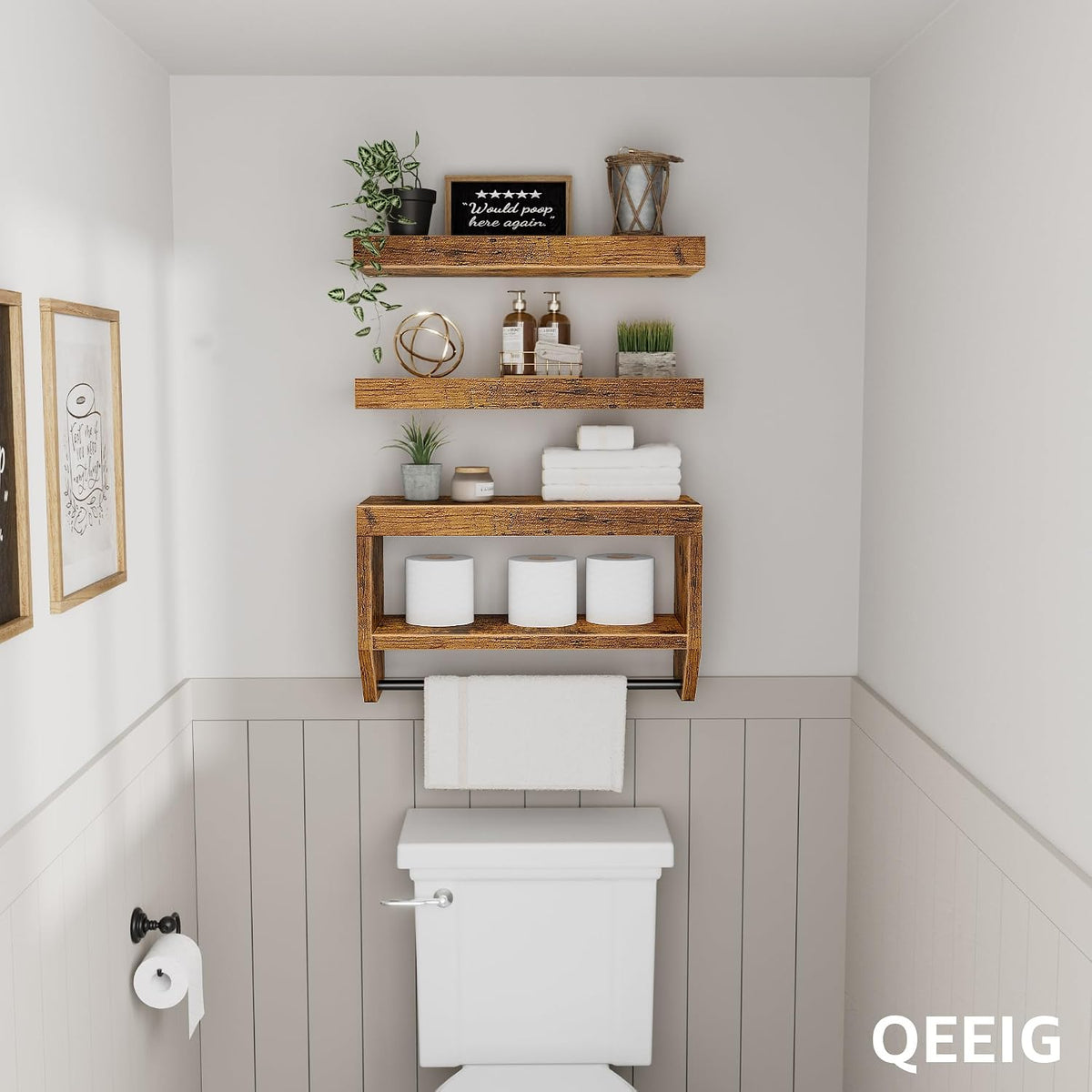 QEEIG Bathroom Wall Shelf Floating Shelves (Brown, Set of 3, 15.7")