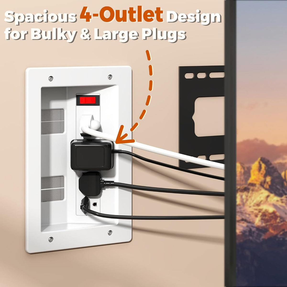 In Wall Cable Management Kit with Recessed Outlet Box, 4 Outlets, 9.8FT Cord, Hand Saw & Cable Ties, TV Cord Hider for Wall Mounted TV, Fits All Plugs, Easy Safe Cable Management for TV & Home Theater