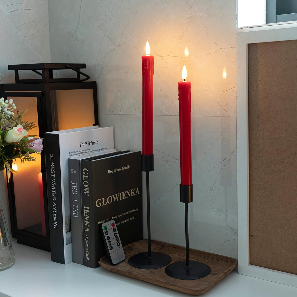 JOIONE Red Flameless Taper Candles with Remote, 6 Pack Dripping Wax