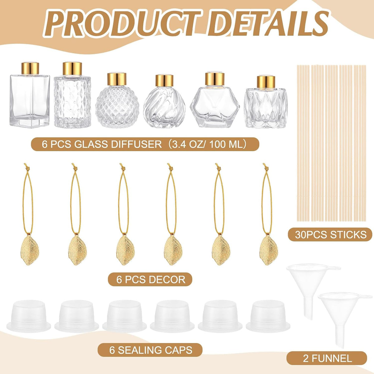6 Pcs Reed Diffuser Gift Set Empty Reed Diffuser Bottle and 30 Pcs Sticks with Metallic Leaves Decoration Funnels 3.4 oz Fragrance Glass Prismatic Bottles for Essential Oil DIY Home Office, 6 Styles