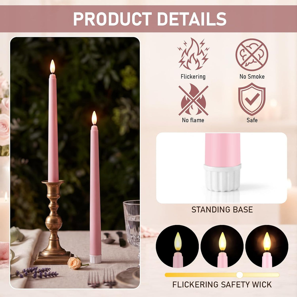 24 Pcs LED Taper Candle, Classic, 8.5",9.65",10.8",12.8", Pale Pink