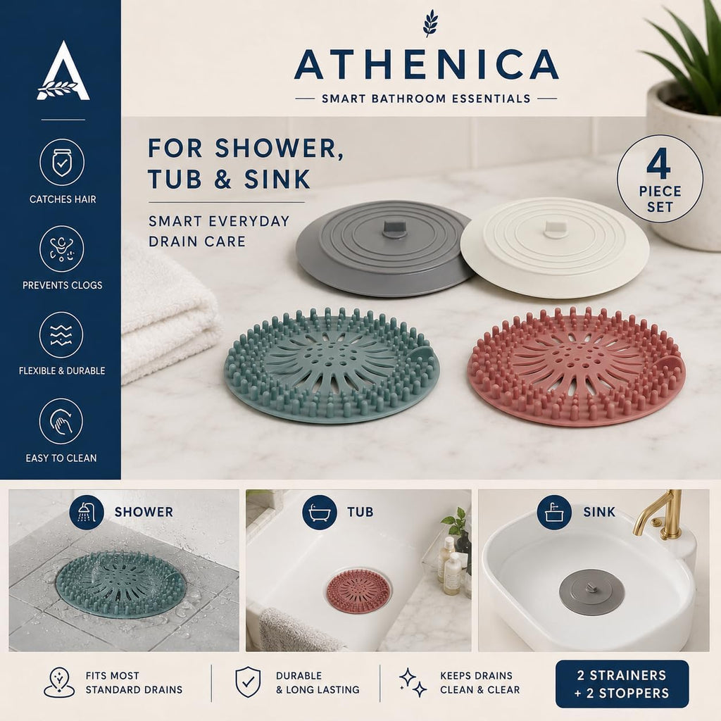 Athenica Silicone Shower Drain Hair Catcher and Tub Stopper, for Bathroom, Kitchen, and Laundry, 4 Pack