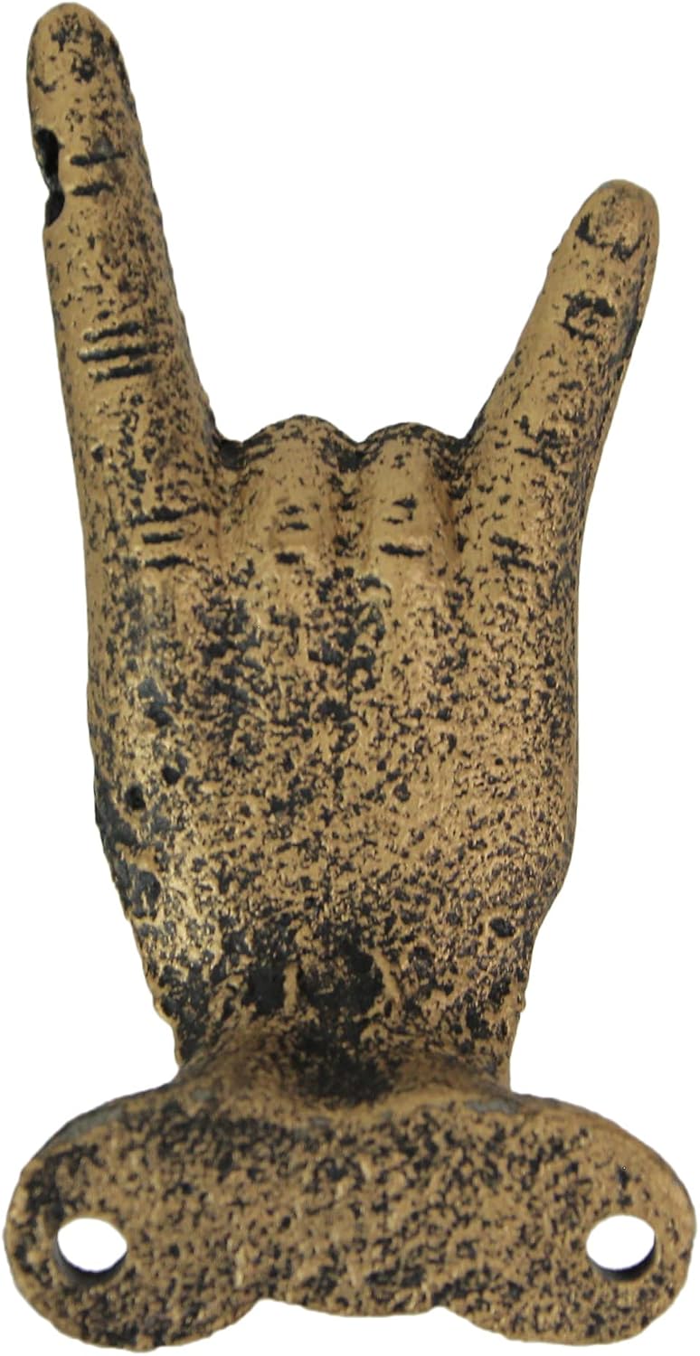 Zeckos Set of 3 Hand Gesture Wall Hooks, Gold Cast Iron Peace Set, 4 Inch