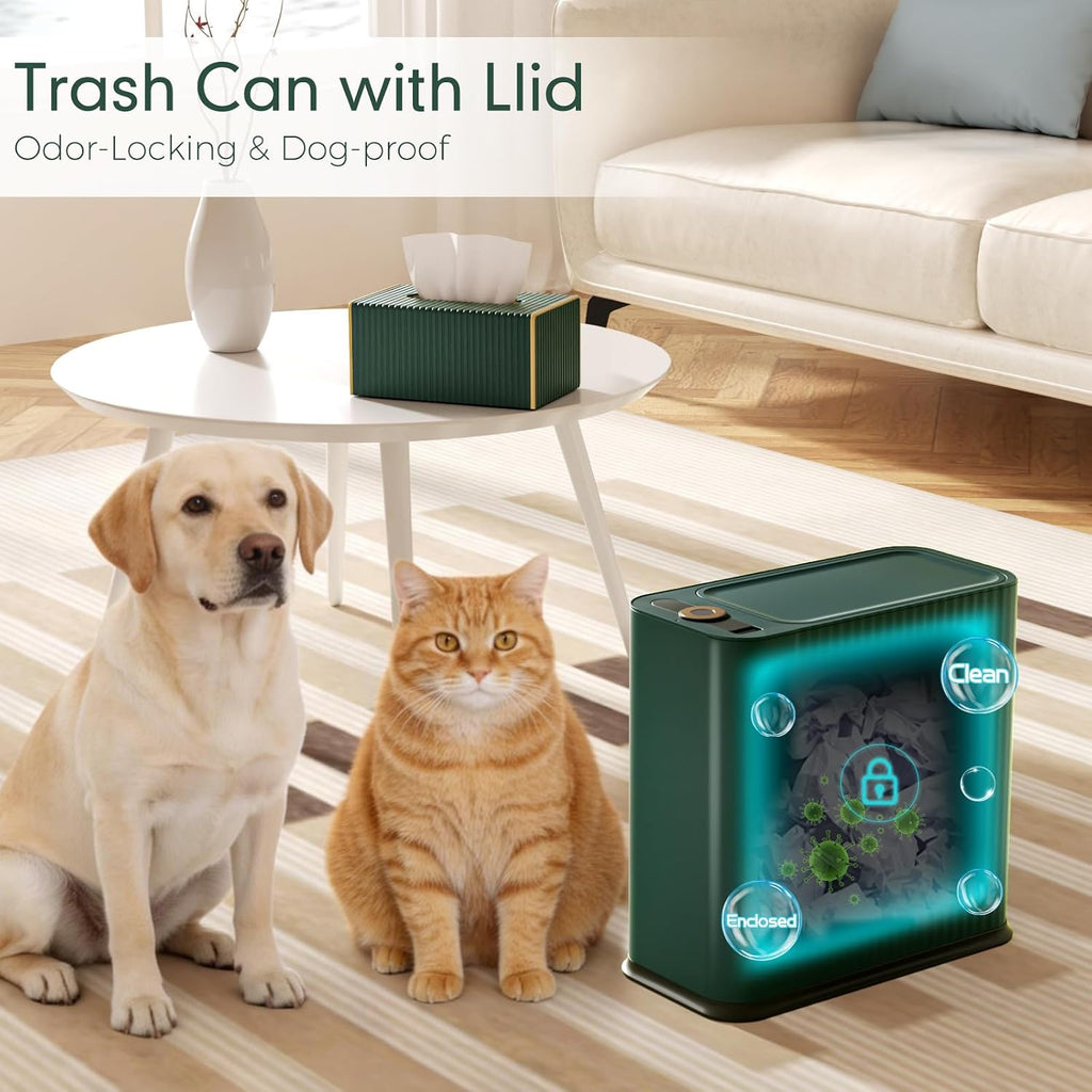 Bathroom Trash Can with Lid and Tissue Box Cover Set 13 L/ 3.5 Gallon Dark Green Trash Can with Pop-Up Lid Small Garbage Can for Bathroom Bedroom Office Kitchen