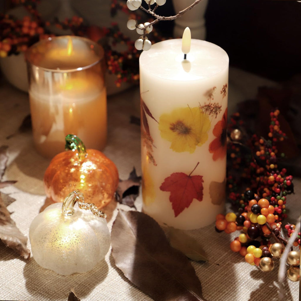 Fall Flameless Pillar Candles, Battery Operated with Remote & Timer, Real Wax Embedded Maple Leaf & Marigold, Straight Edge Unscented Led Candles for Halloween Thanksgiving Harvest Home Decor