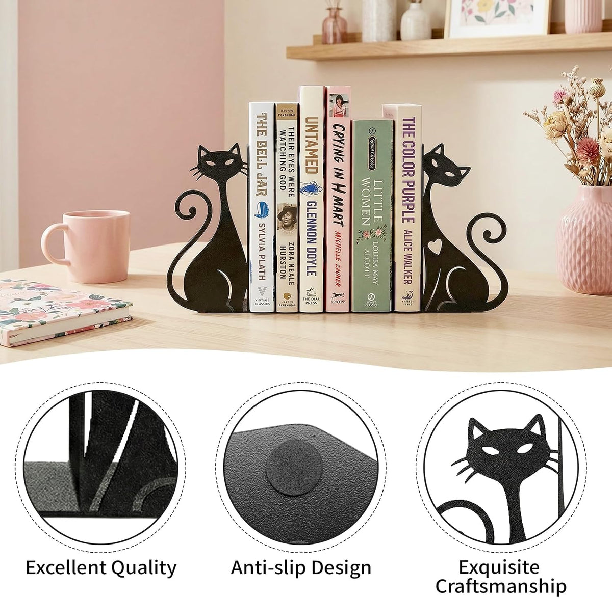 ENCIMART Atomic Cat Bookends for Shelves, Black Metal Decorative Book Ends