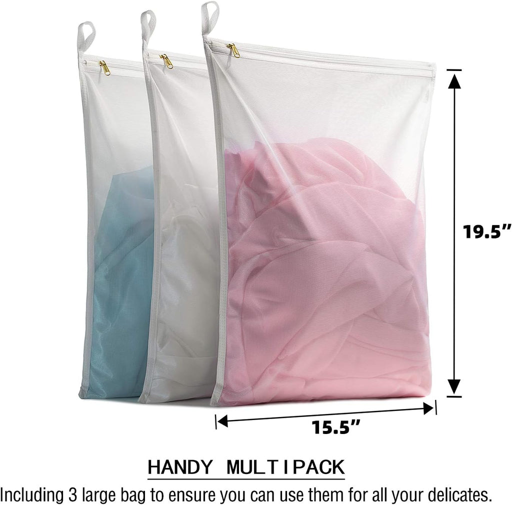 TENRAI Delicates Laundry Bags, Bra Fine Mesh Wash Bag for Underwear, Lingerie, Bra, Pantyhose, Socks, Use YKK Zipper, Have Hanger Loops, (White, 3 Large)