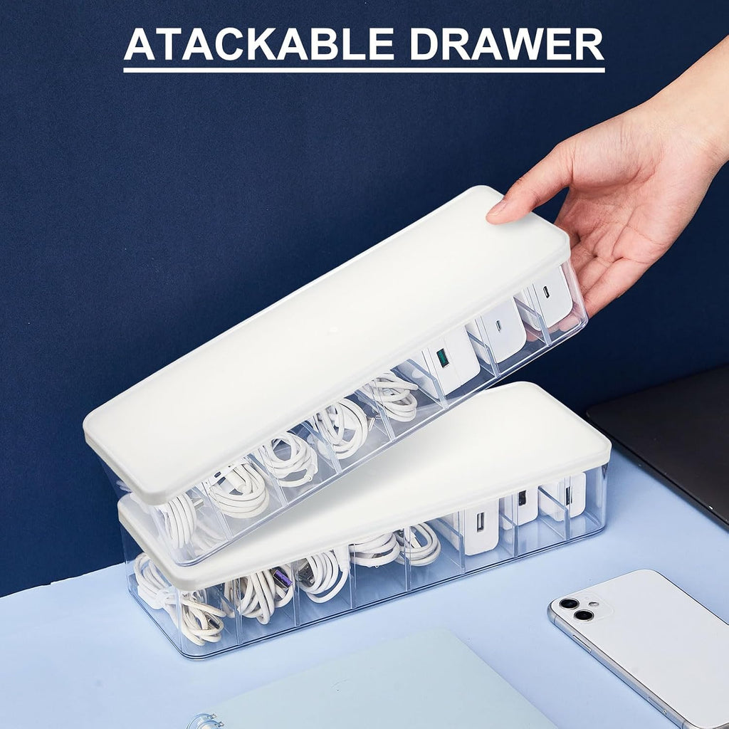 Tatuo Cord Organizer Box with Lid, Clear, White, 2 Pack