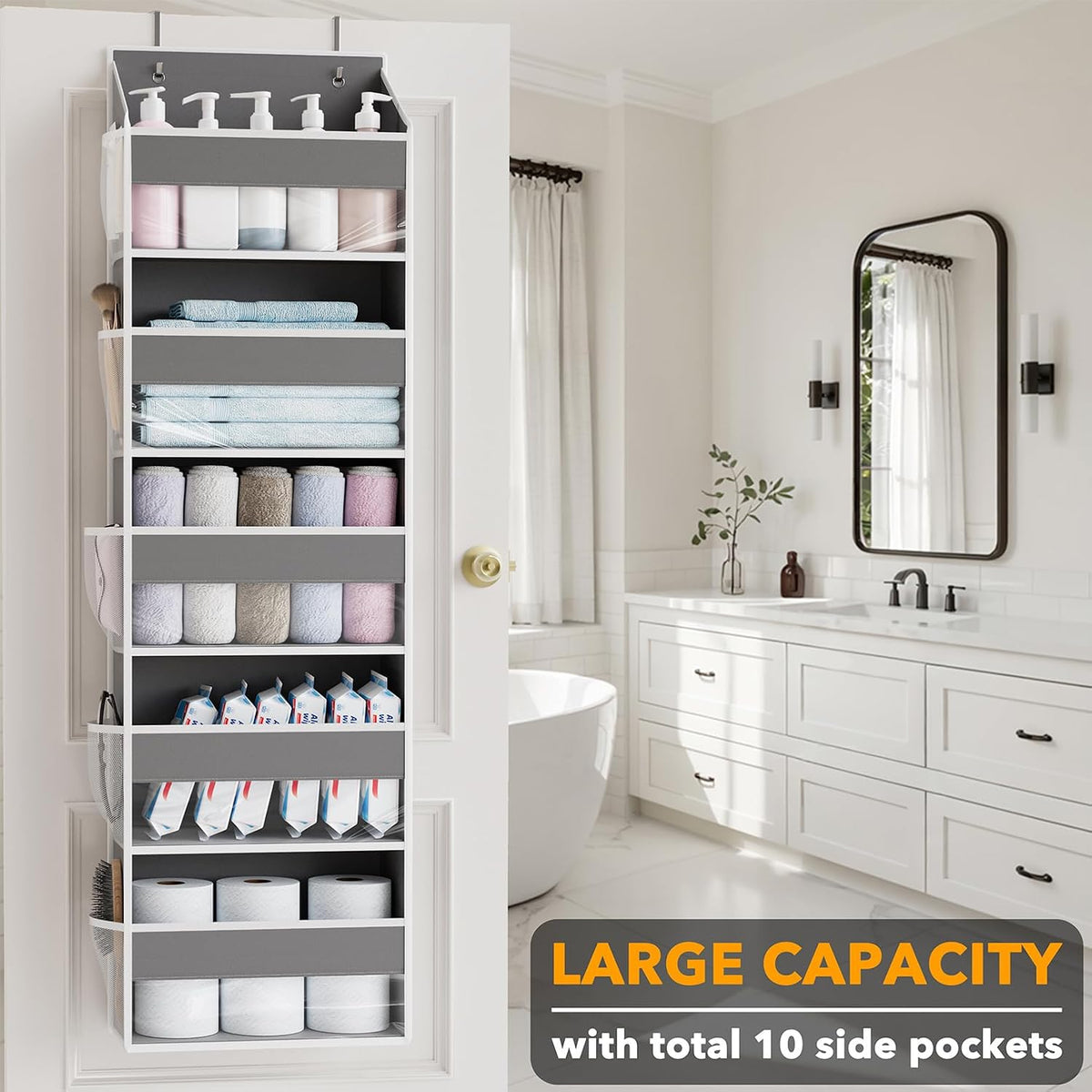 SpaceAid 2 Pack Over The Door Organizer with 5 Large Pockets and 10 Mesh Side Pockets, 5 Layers Door Organizer Hanging with Clear Window for Bedroom, Bathroom, Pantry and Nursery, Gray