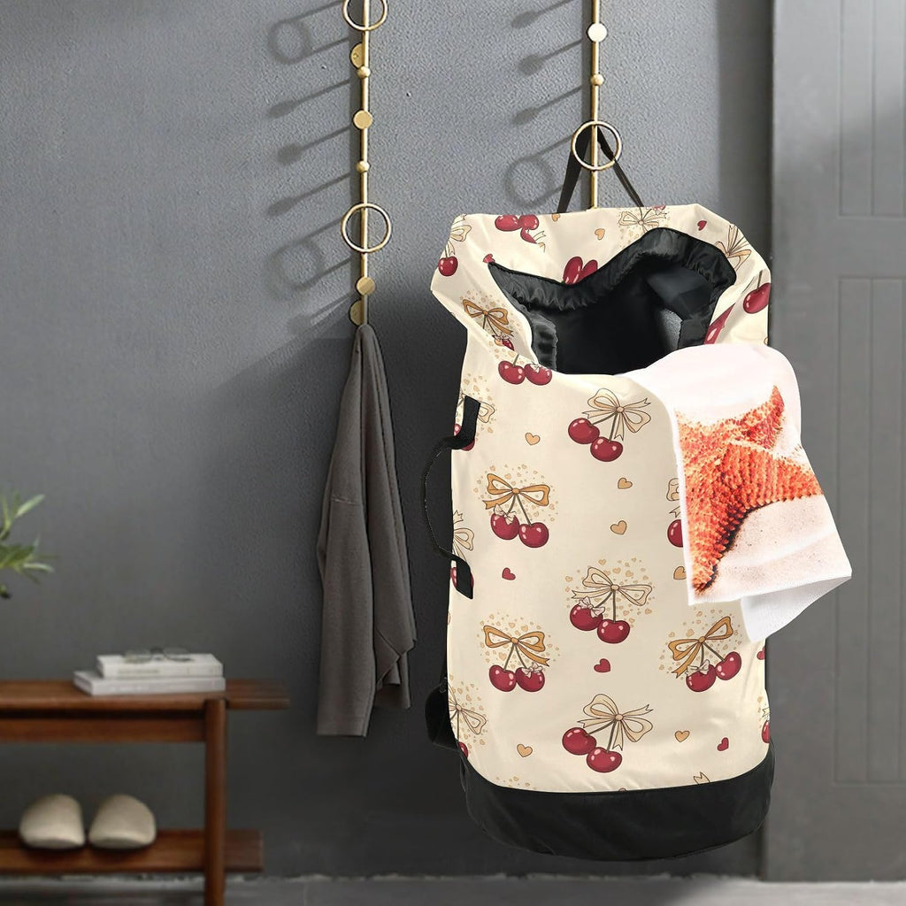Bow Cherry Beige Laundry Bag Backpack Dirty Clothes Bags Organizer With Extra Large Heavy Duty for Vacation Road Trip Essentials Dorm