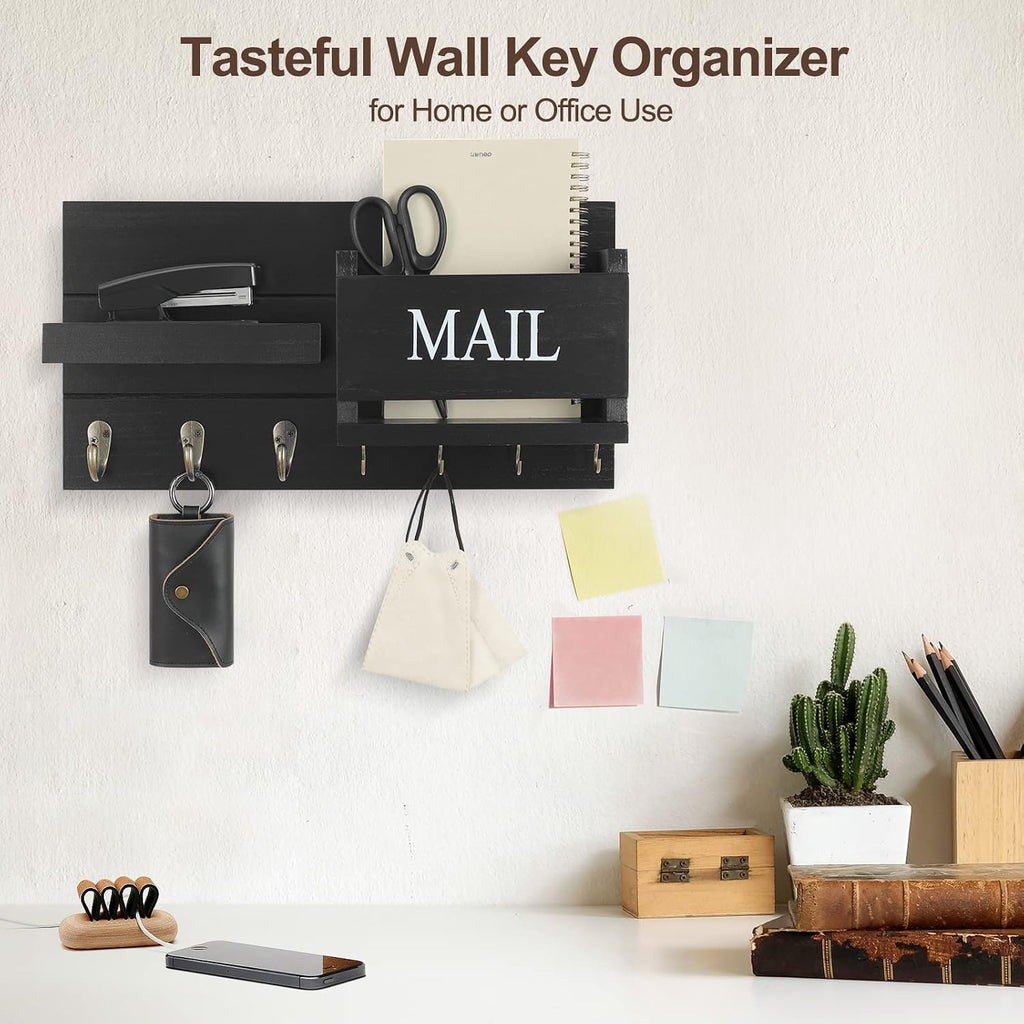 Lwenki Mail Organizer for Wall Mount – Key Holder with Shelf Includes Letter Holder and Hooks for Hallway Farmhouse Decor – Rustic Wood with Flush Mounting Hardware (16.5” x 9.1” x 3.4”) (Black)