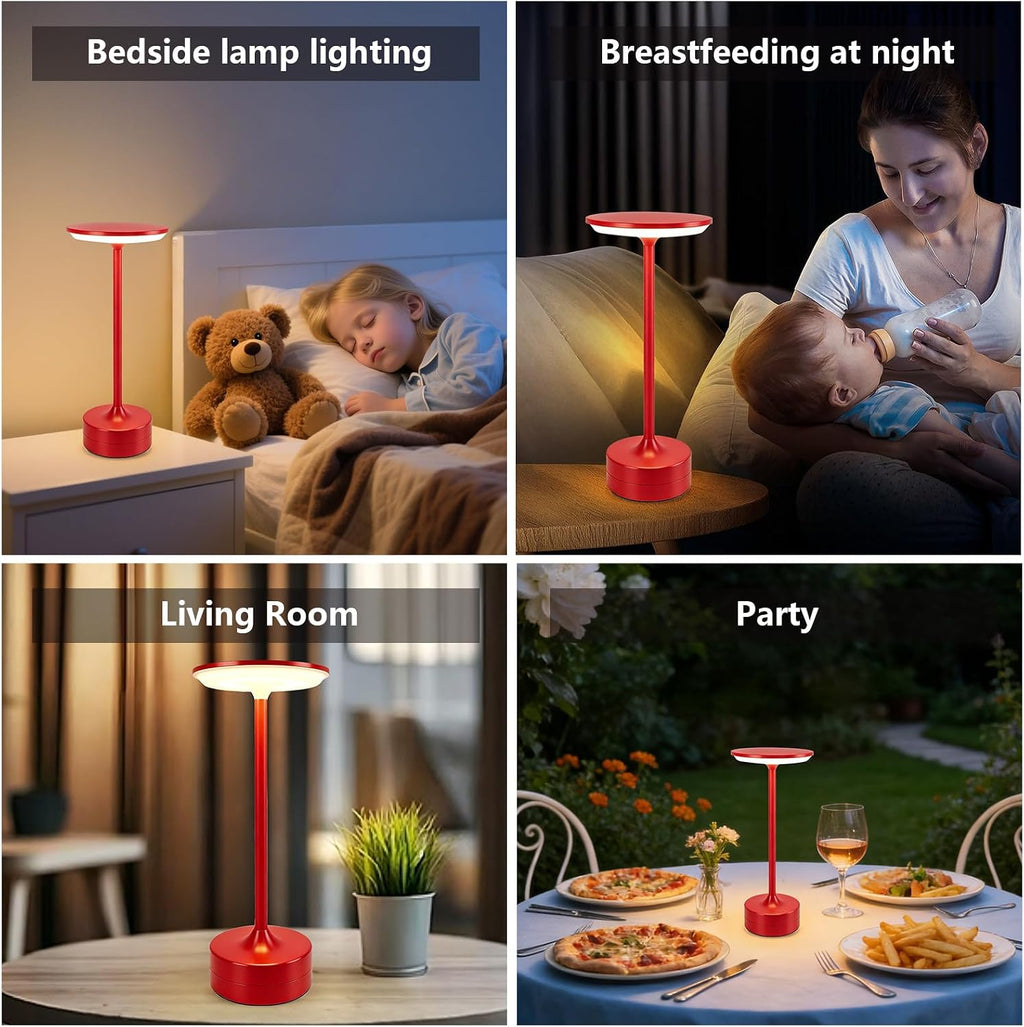 Small Table Lamp, Portable Metal Table Lamp, Cordless Rechargeable Table Lamp , 3 Color Stepless Dimmable Atmosphere Table Lamps for Patio, Camping, Coffee table decor lamp for Indoor/Outdoo(Red)