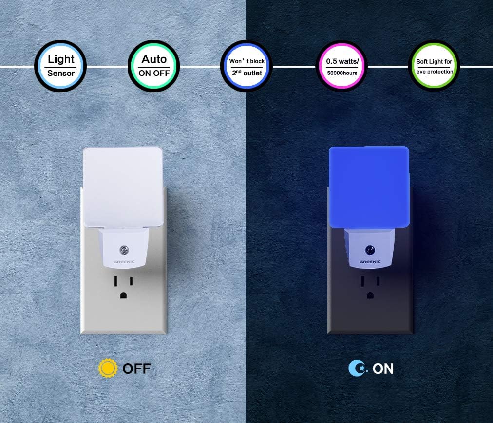 GREENIC LED Night Light Plug in 4 Pack, Dusk to Dawn Photocell Sensor, Nightlights for Bedroom Bathroom Kitchen, Square Design Blue