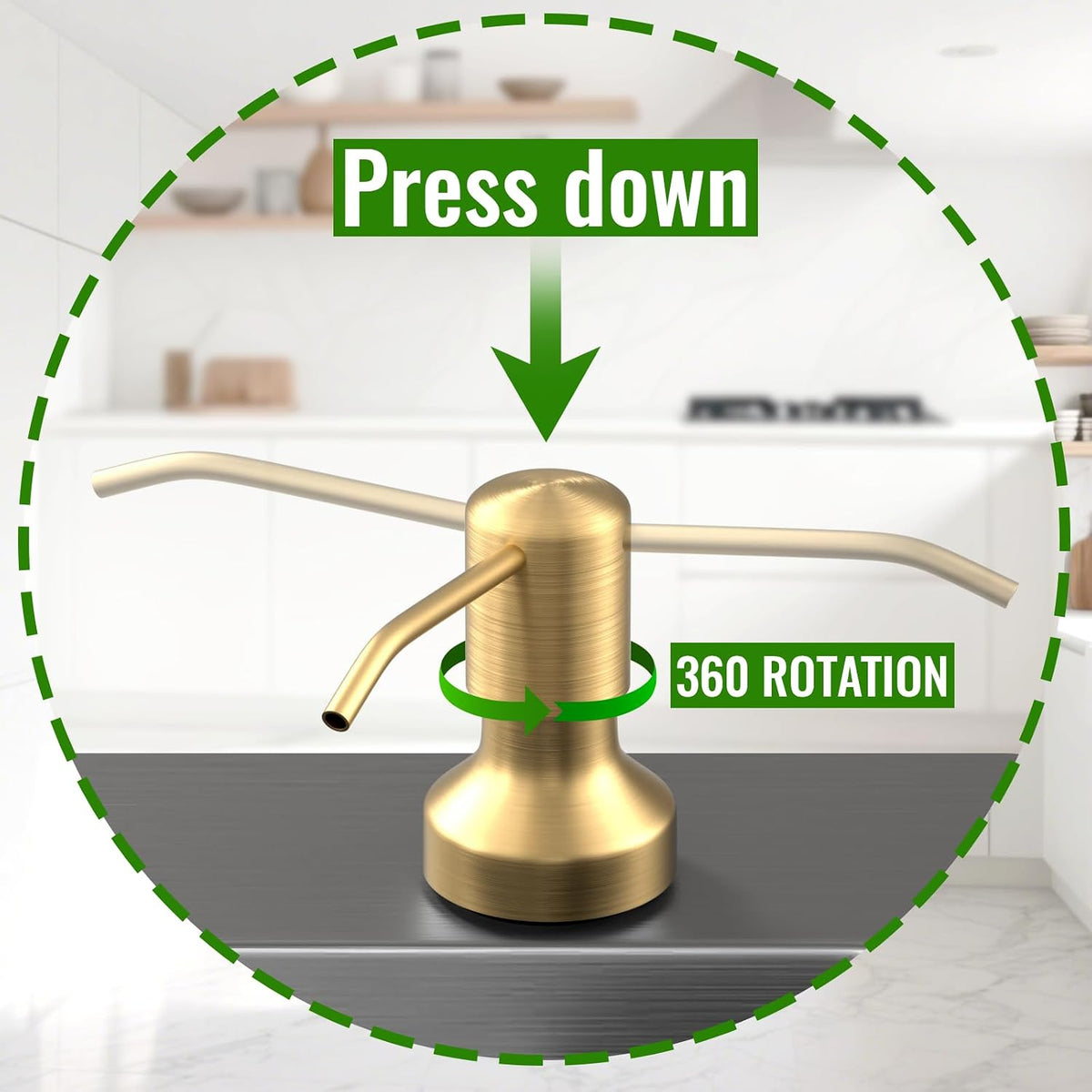 Soap Dispenser for Kitchen Sink, Kitchen Sink Soap Dispenser with 17 OZ Bottle, Refill from The Top Bar, Longer Threaded Shaft Shank, Wide Pump Head Base (Golden)