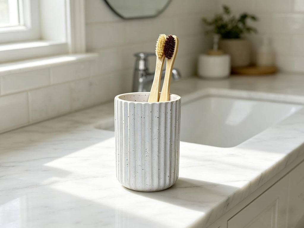 Stoneware Toothbrush Holder for Bathroom Tooth Brush Holder for Bathroom Toothbrush Cup Toothbrush Holders Cute Fluted Vertical Ribbed Stripe (Speckled White)