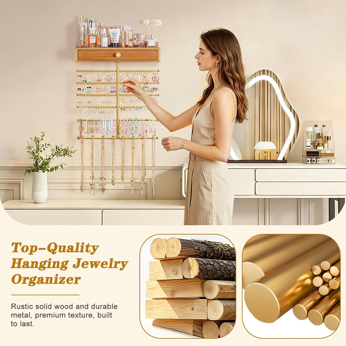 VINAEMO Hanging Wall Mounted Jewelry Organizer with Drawer, Honey Brown