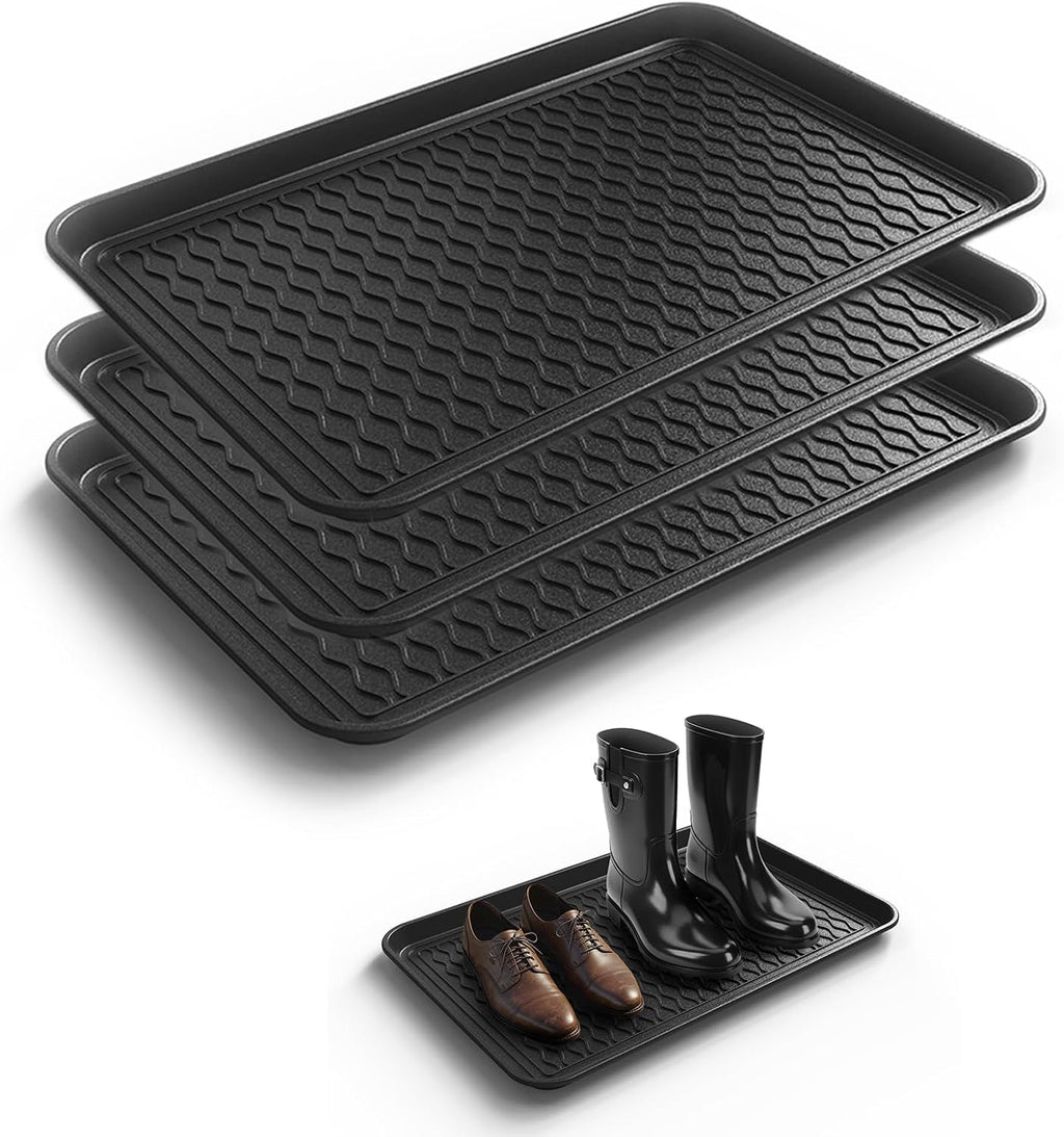 Boot Trays for Entryway, Multifunctional Shoe Mat with Cleaning Brush, Boot Tray for Shoes Plants Pots Paint Tins Pet Bowls Black (3pcs 23.6'' x 15.7'' x 1.2'')