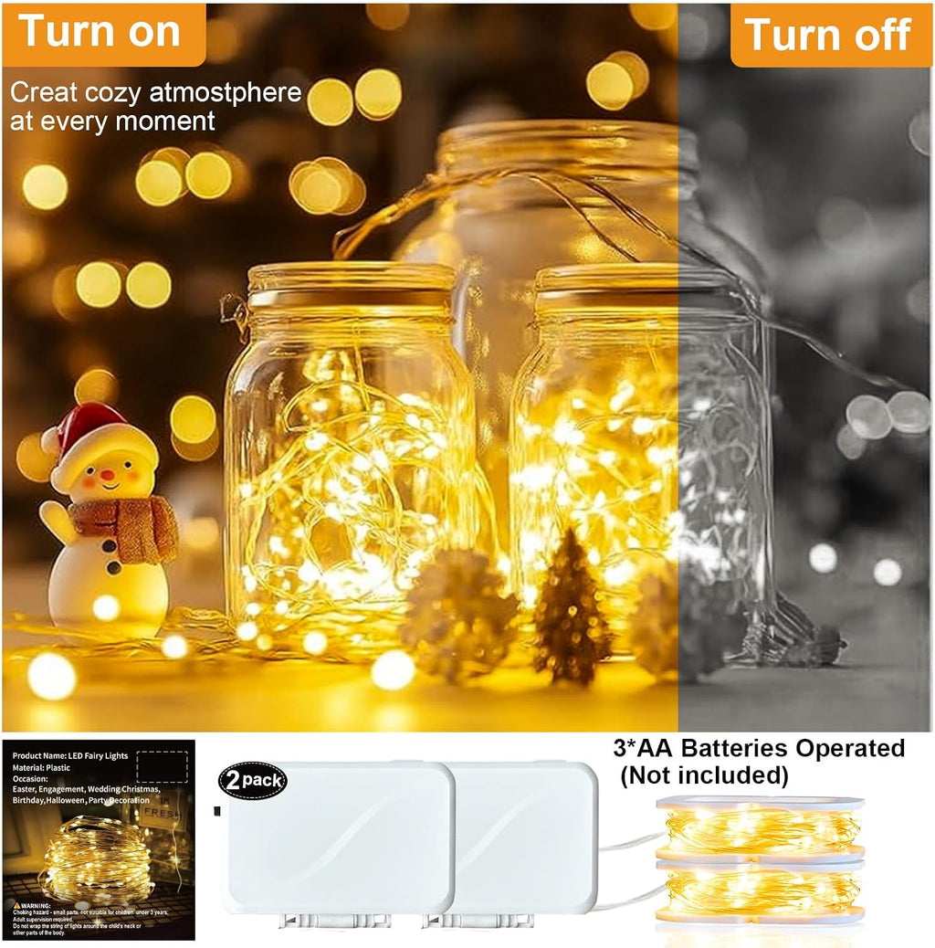 AIKEI Led Fairy Light Battery Operated, 50LED 16FT String Lights Copper Wire Starry Fairy Lights (Warm White, 2Pack)