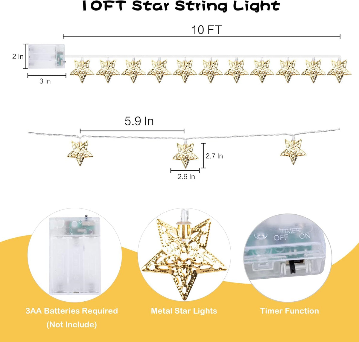 Vigdur Star String Lights, 10FT Battery Operated Christmas Fairy Lights