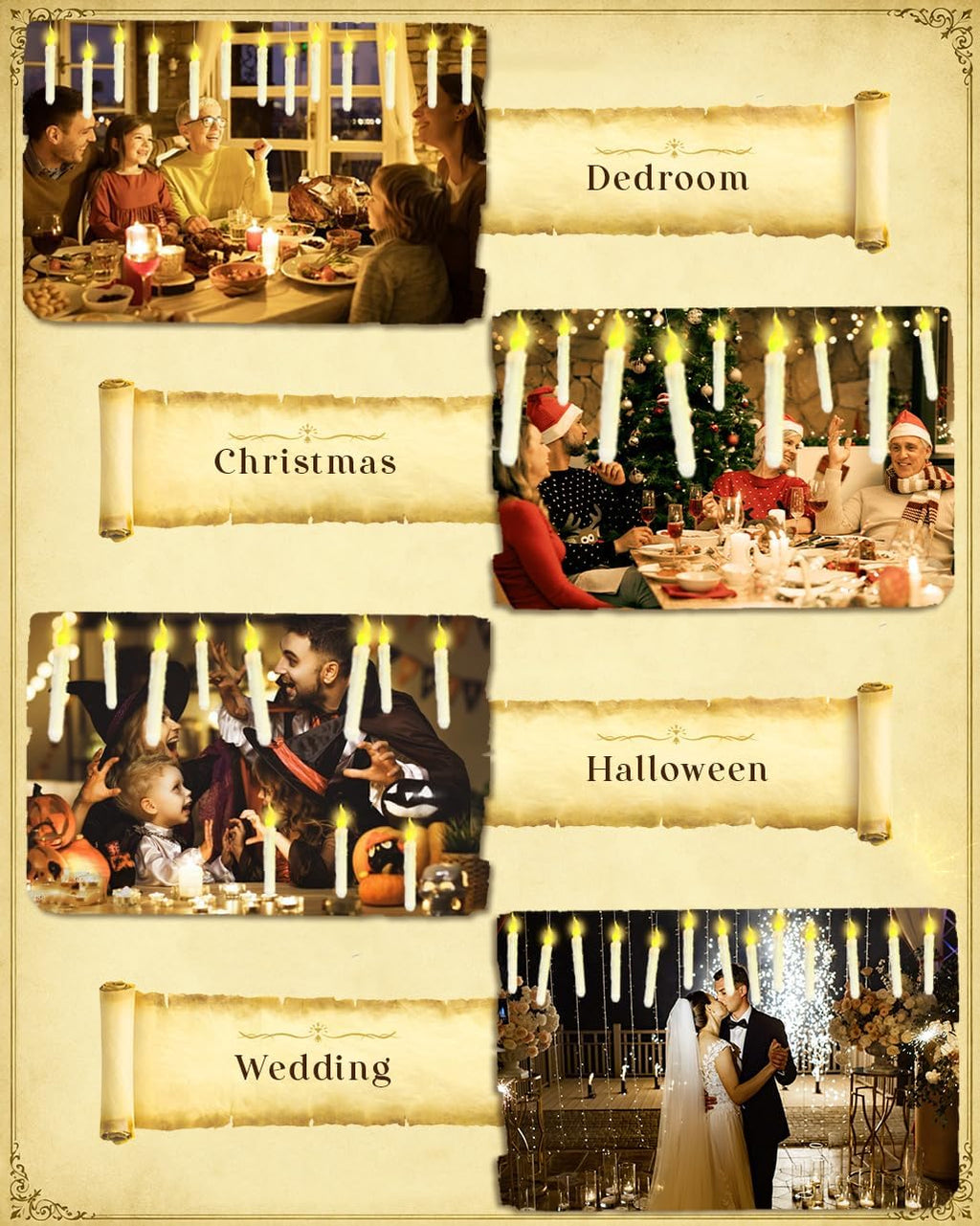 Flameless Floating Candles with Wand，12 Pcs Magic LED Hanging Taper Candles，Flickering Battery Operated Taper Candle with Wand Remote for Halloween Decorations