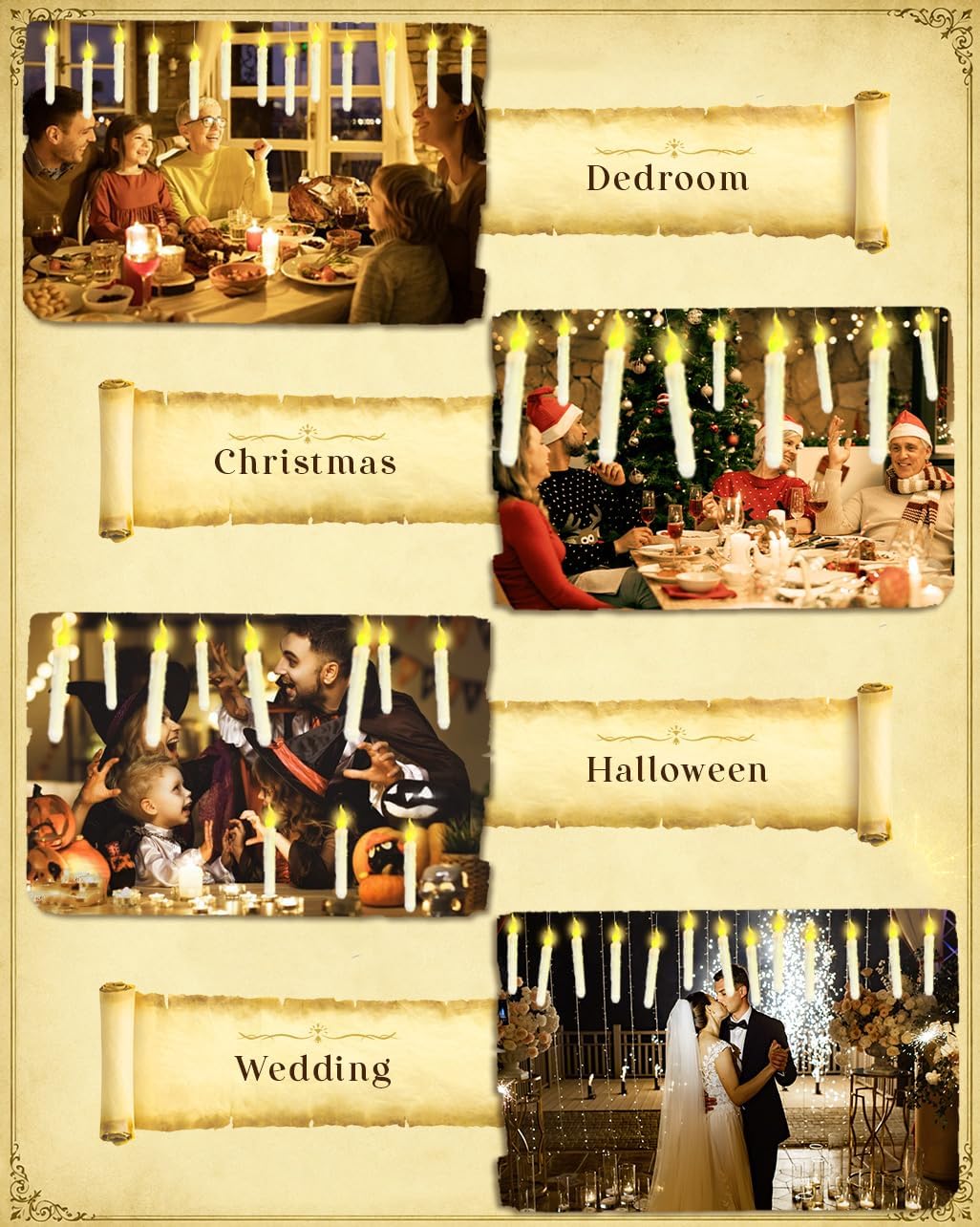 Flameless Floating Candles with Wand，12 Pcs Magic LED Hanging Taper Candles，Flickering Battery Operated Taper Candle with Wand Remote for Halloween Decorations