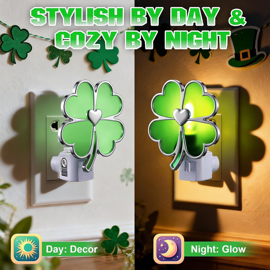 Hohean St. Patrick's Day Lucky Four Leaf Clover Night Light – UL Listed Plug in Irish Decor Lamp with C7 LED, 360° Rotating Plug for Bedroom, Bathroom & Hallway – Green Holiday Lighting Gift