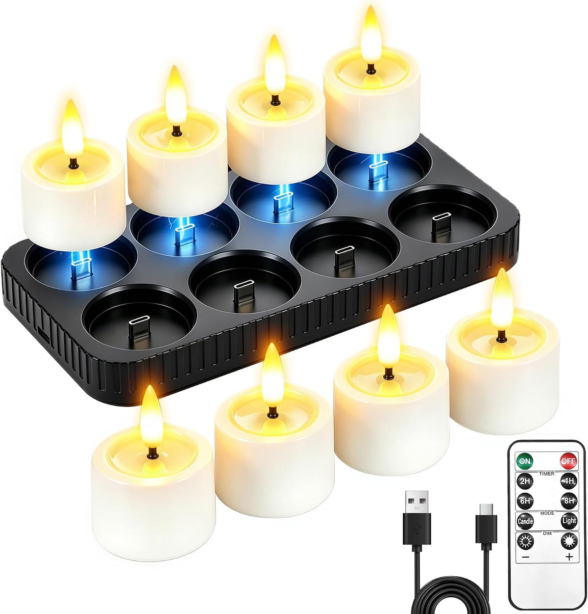 8 Pack Rechargeable Tea Lights Candles with Charging Base and Remote Timer