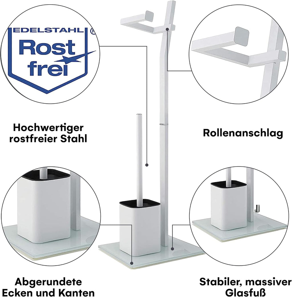 WC Set - White –22x18x70cm– Toilet Paper Holder and Toilet Brush incl. – Stainless Steel – Strong Glass Base – Plus: 1+2 Replacement Toilet Brush Heads!