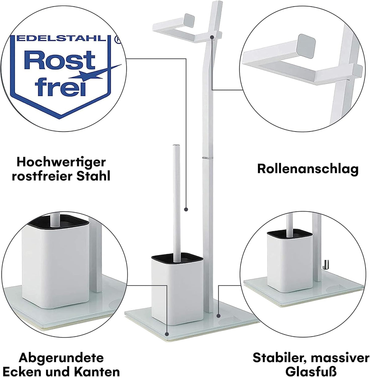 WC Set - White –22x18x70cm– Toilet Paper Holder and Toilet Brush incl. – Stainless Steel – Strong Glass Base – Plus: 1+2 Replacement Toilet Brush Heads!