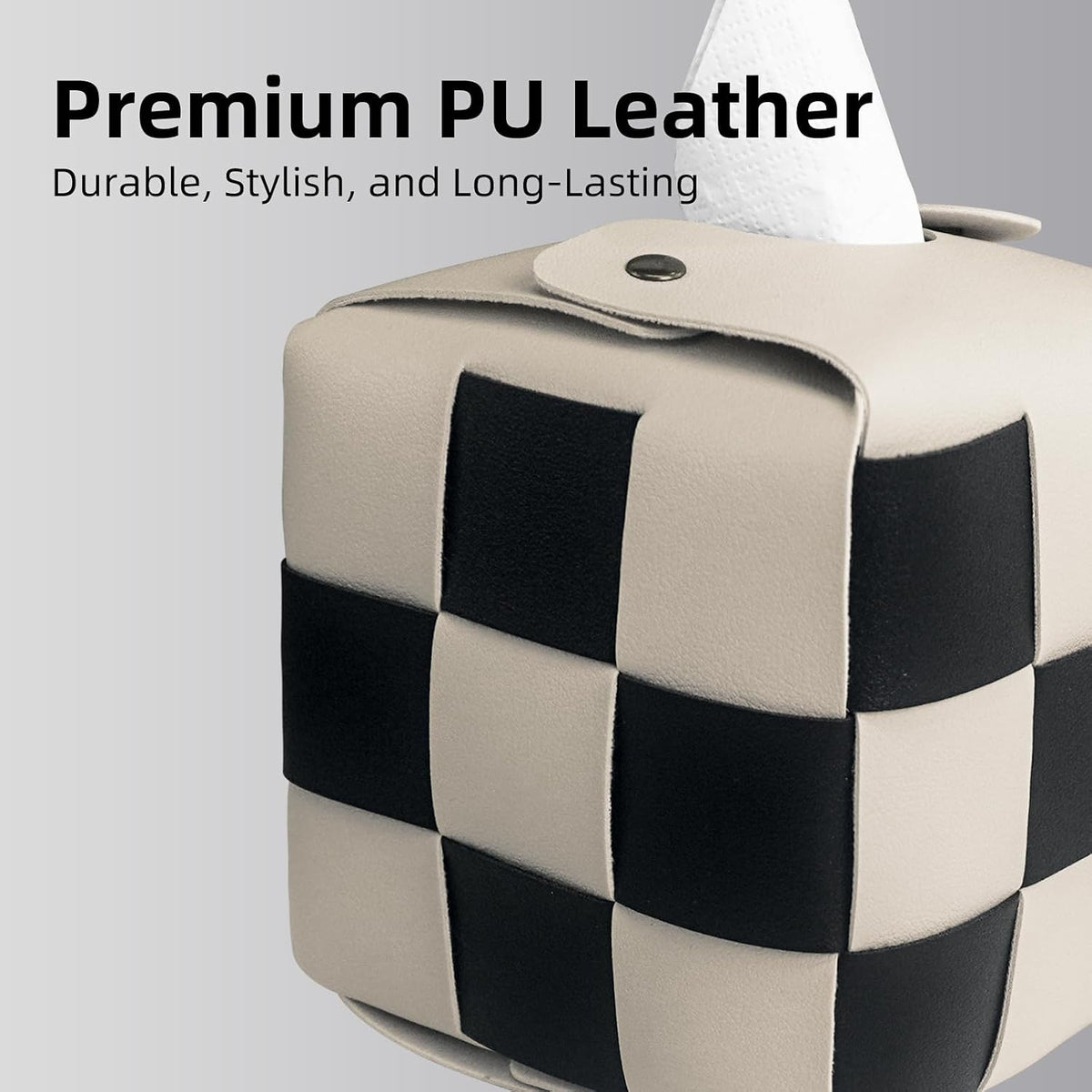 MSJGA Tissue Box Cover, Square PU Leather Tissue Box Holder with Metal Buckle, Checkered Tissue Box, Decorative Organizer for Bedroom, Vanity Desk, Nightstand, Bathroom, Office (Beige)