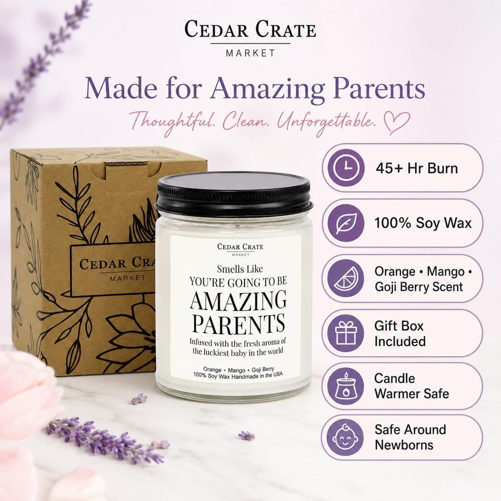 Cedar Crate Market New Parents Gifts for Couples, Baby Shower Pregnancy Gift, Gender Reveal Candle, New Mom First Time Mom Dad, Orange, Mango, Goji Berry 9oz Soy Wax, Made in USA, 45+ Hour Burn