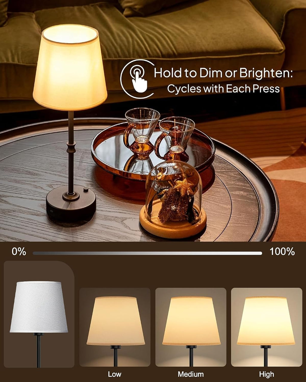EppieBasic Cordless Table Lamp Rechargeable: Fast Charging & Long Lasting - 2700K Warm Light Small Vintage Brass Bedside Lamps - Dinning Living Room Bedroom - 2 Pack