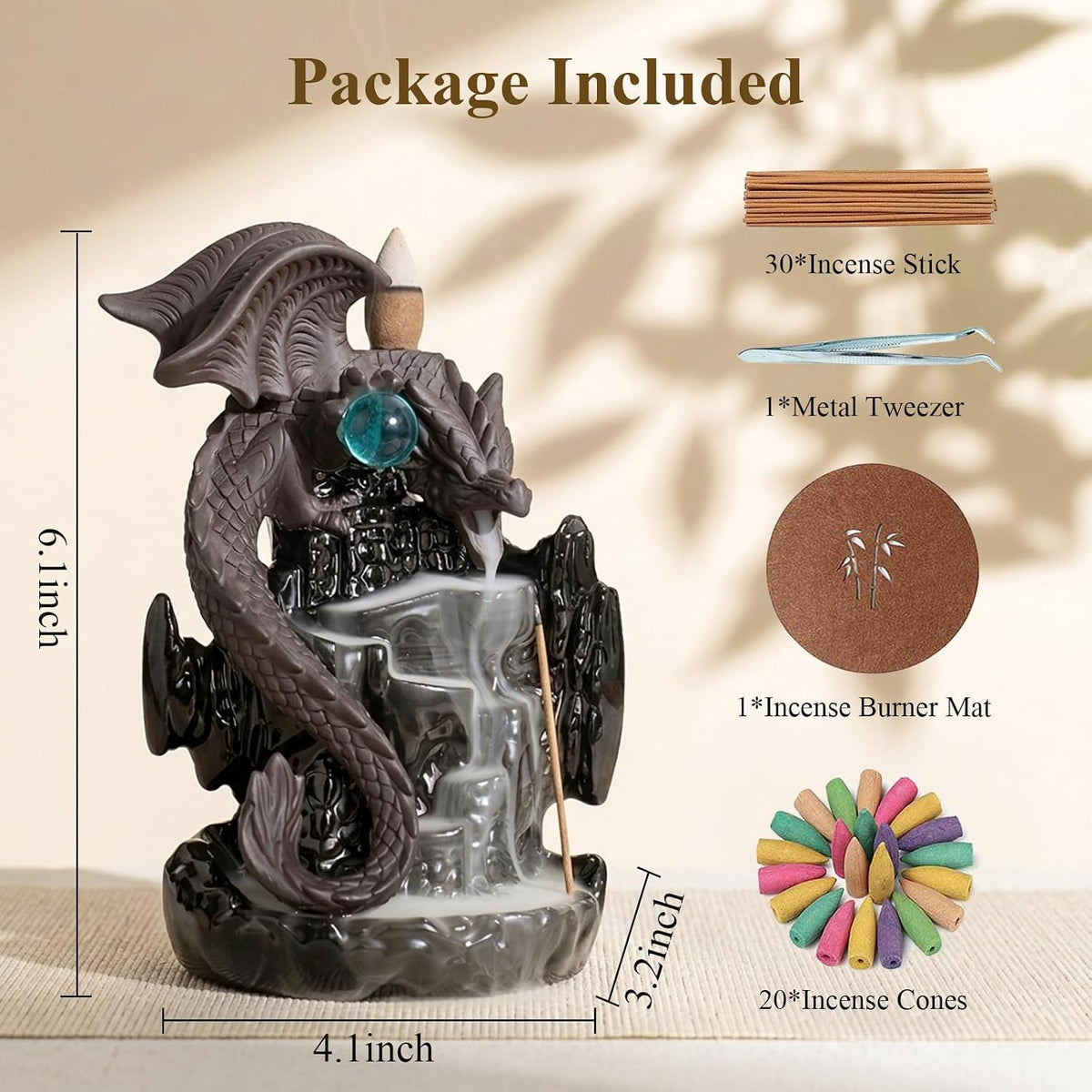 Ceramic Backflow Incense Holder Waterfall Burner, Dragon Design