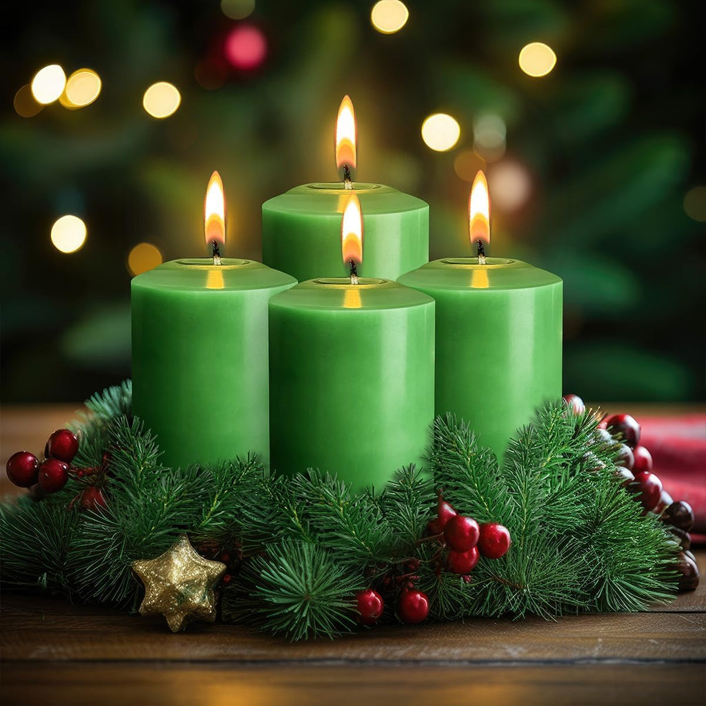 12 Pack 2x3 Hand Poured Dripless Pillar Candles, Green Soy Candles