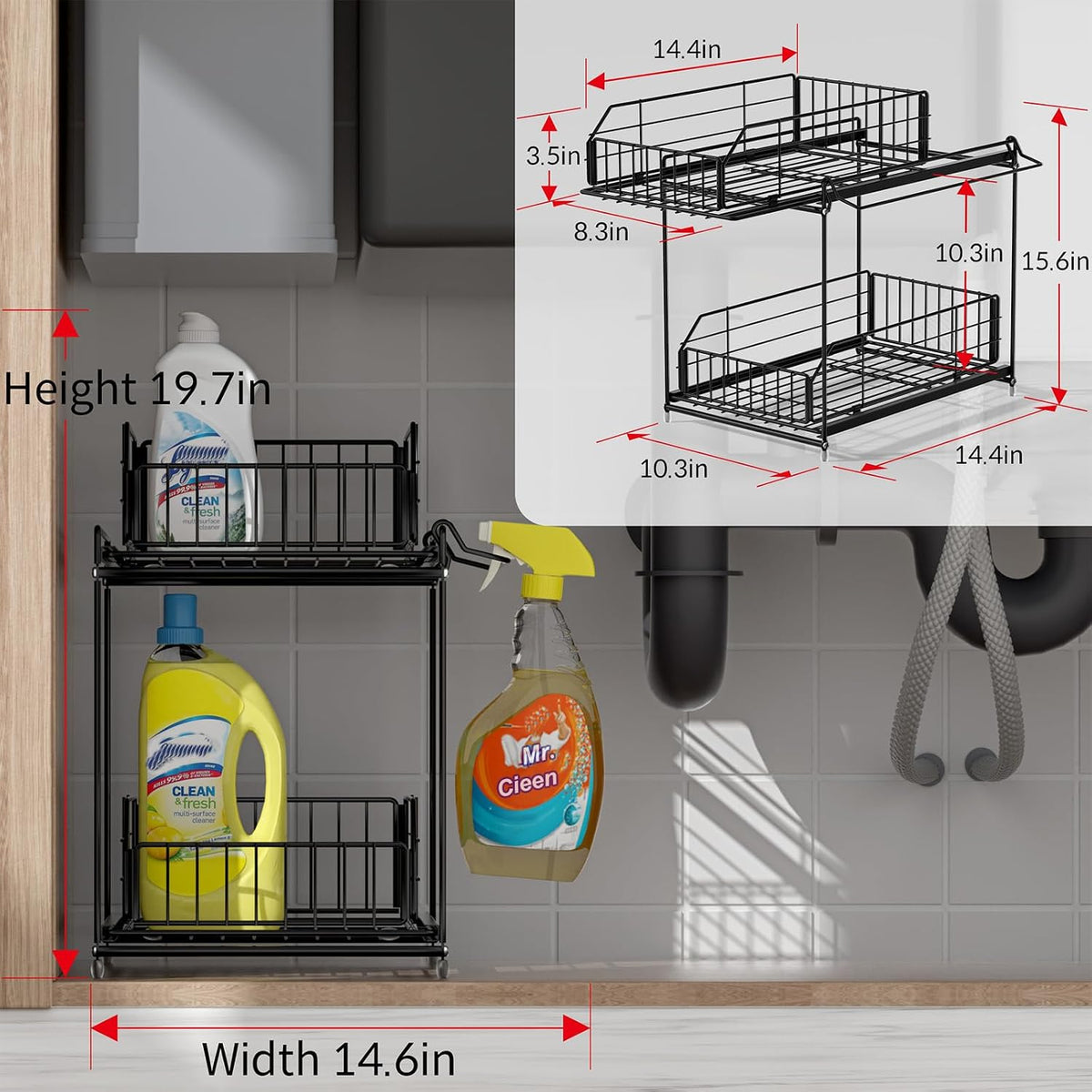 SUEH DESIGN Under Sink Organizers and Storage 2 Pack, 2-Tier Pull Out