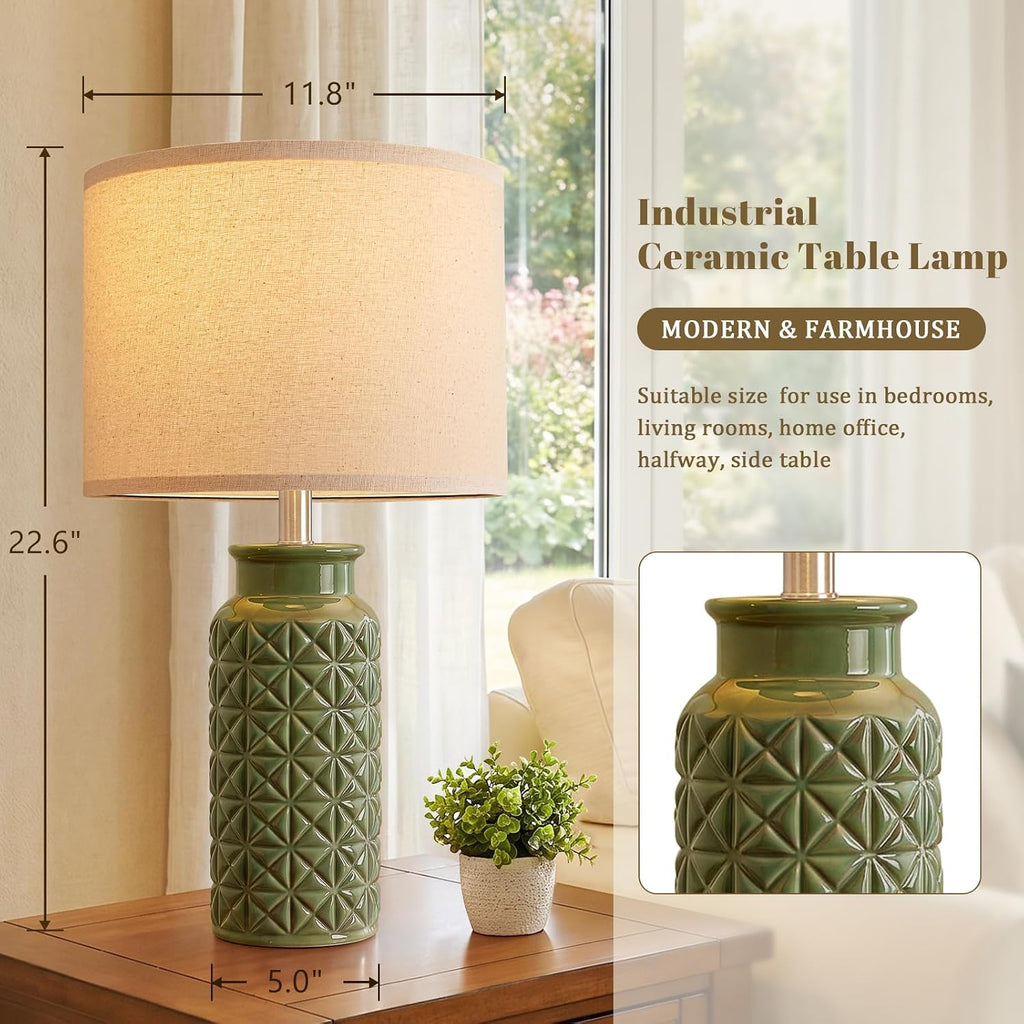 Innqoo 22.6" Modern Ceramic Bedside Lamps Set of 2, Lamps for Bedroom,Green