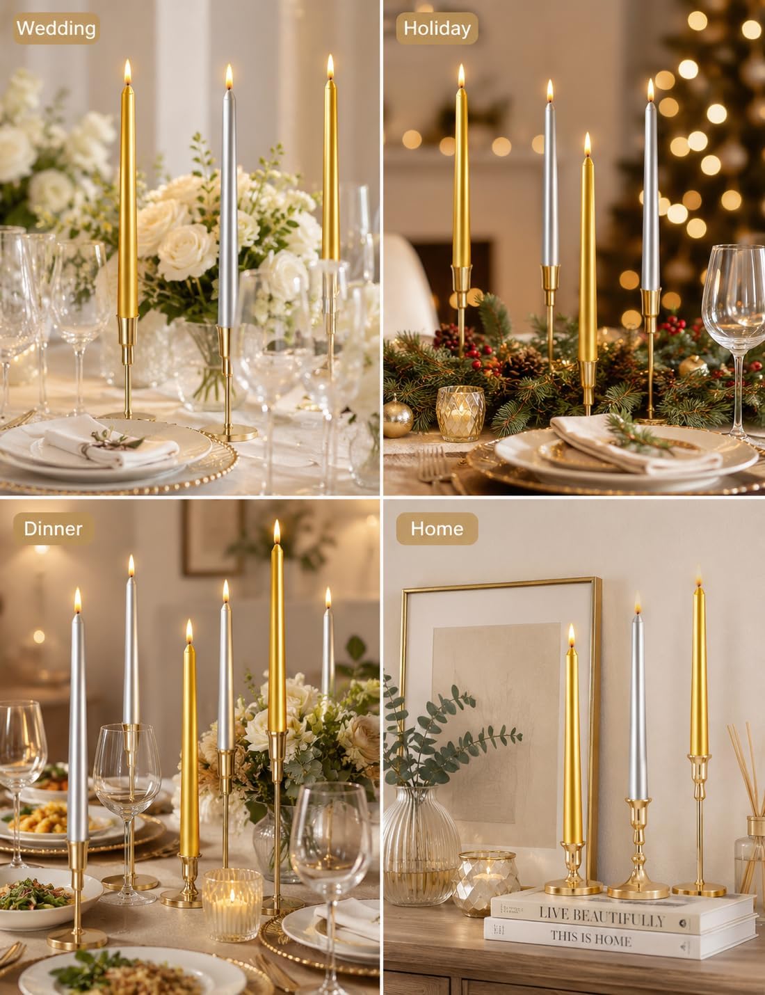 10 Inch Metallic Taper Candles, 6 Gold and 6 Silver Candlesticks