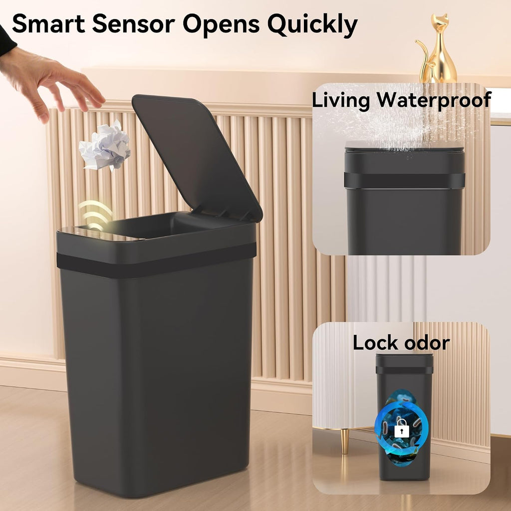 FRESHLIX 3 Pack Bathroom Trash Can 2.5 Gallon Small Touchless Automatic Motion Sensor Trash Cans Slim Waterproof Garbage Bin with Lid for Kitchen, Office, Bedroom Black